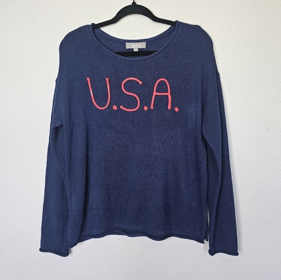 Marled Reunited L Sweater Slits Pullover Red USA‎ Embroidery Navy Blue - Picture 1 of 13